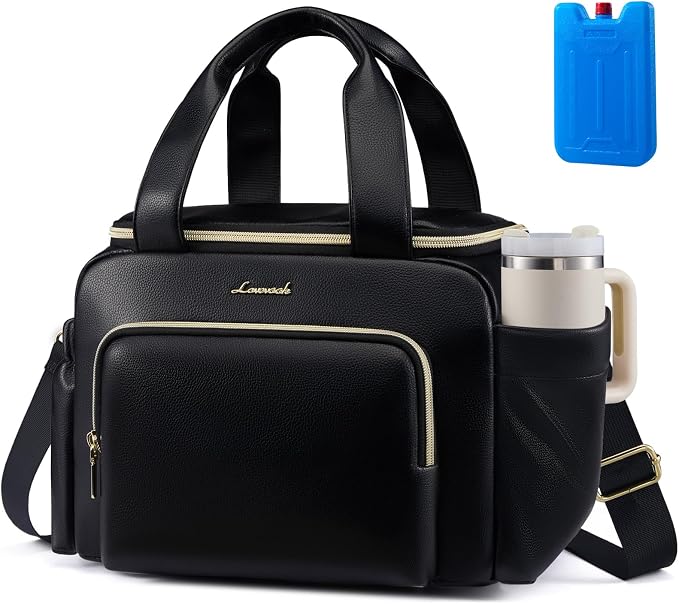 LOVEVOOK Insulated Lunch Bag for Women, PU leather Lunch Box with Shoulder Strap, Wide Opening Adult Large Lunch bags for Work Picnic Beach Family Camping Outdoor Teacher