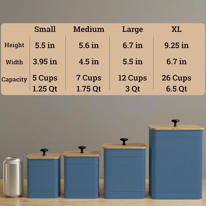Kitchen Canisters for Countertop Set of 4 w/ Chalkboard Labels & Marker Pen | Airtight Easy Open Bamboo Lids, Dent-Resistant Thick Metal, Customizable Chalkboard Labels, Marker Pen Included, Set of 4