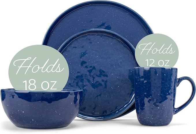 Elanze Designs Shiny Speckled Western Country Style Ceramic Plates Bowls Mugs Dinnerware 16 Piece Set - Service for 4, Blue
