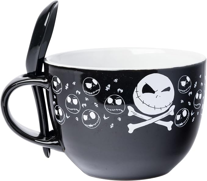 Silver Buffalo Disney Tim Burton's Nightmare Before Christmas Jack Skellington Skulls Ceramic Soup Mug with Spoon Set, 24 Ounces