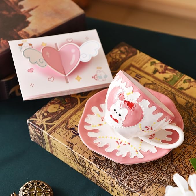 Adorable Bunny-Themed Pink Ceramic Cup & Saucer Set，7oz hand-painted ceramic Perfect for fairy tea parties, birthday gifts, parties, Christmas, and New Year. (Pink)