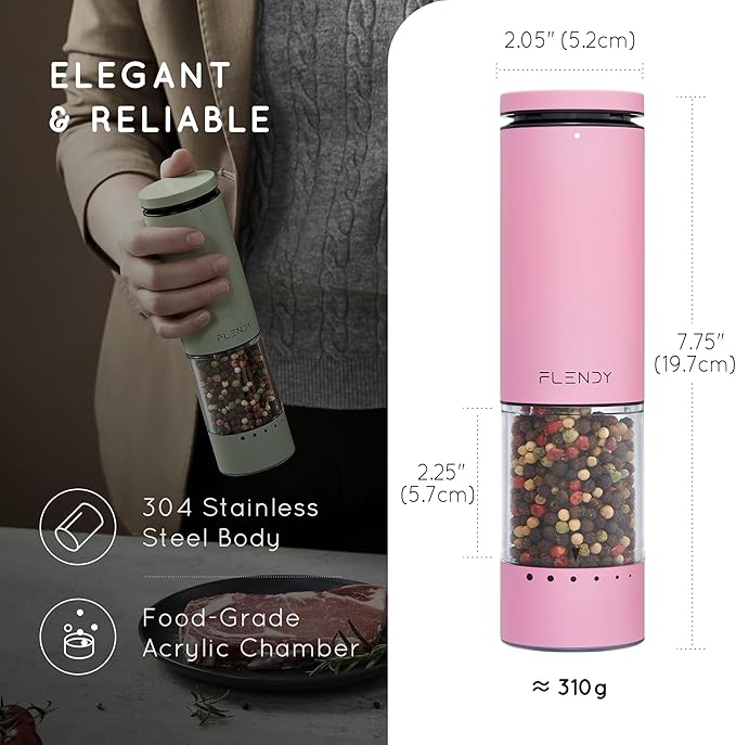 Flendy Electric Salt and Pepper Grinder Set Rechargeable, Automatic Salt and Pepper Grinder Set with Oversized Top Button, Stainless Steel Electric Salt and Pepper Shakers Set