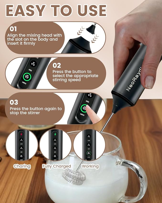 Electric Handheld Milk Frother Wand Rechargeable, 3-Speed Preventing Splashing Drink Mixer with Box, 10-Second Frothing for Coffee, Matcha, Latte, Cappuccino, and Protein Shakes, Black