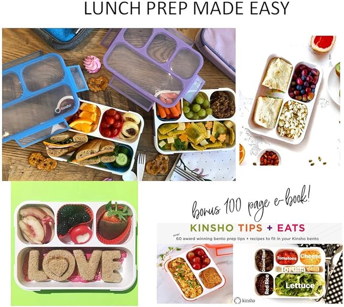 Bento Lunch Box for Kids or Adults, Snack Containers for Boys, Girls, School Daycare Work, 3 Divided Compartments Meal Planning Portion Control, BPA-Free Boxes, Utensils | Blue Purple 2 Pack