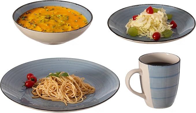 Rimmed Dinnerware Set | Mugs, Salad and Dinner Plates and Bowls Sets, Dishes with Highly Chip and Crack Resistant, Dishwasher and Microwave Safe (Blue, Service For 8)