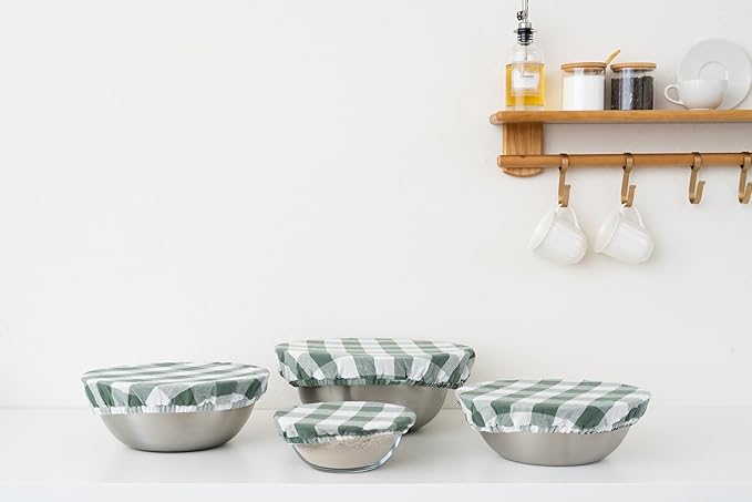 Sage Green Cotton Bowl Covers - 8 Pack, Reusable, Washable, 100% Cotton Fabric Set to Cover Fruits, Vegetables and Regulate Moisture - Elastic Closure for Salads, Bread & Leftovers (Sage Green)