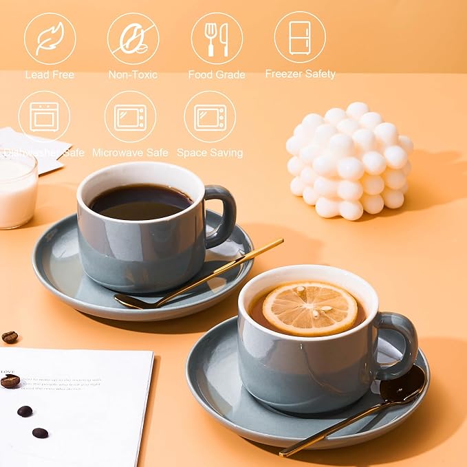 8oz Cappuccino Cups Set of 4, Tea Cups with Saucers and Spoons, Gray Ceramic Tea Cups Set Coffee Mugs for Tea Cappuccino Espresso Latte Mocha Au Lait Macchiato Cafe