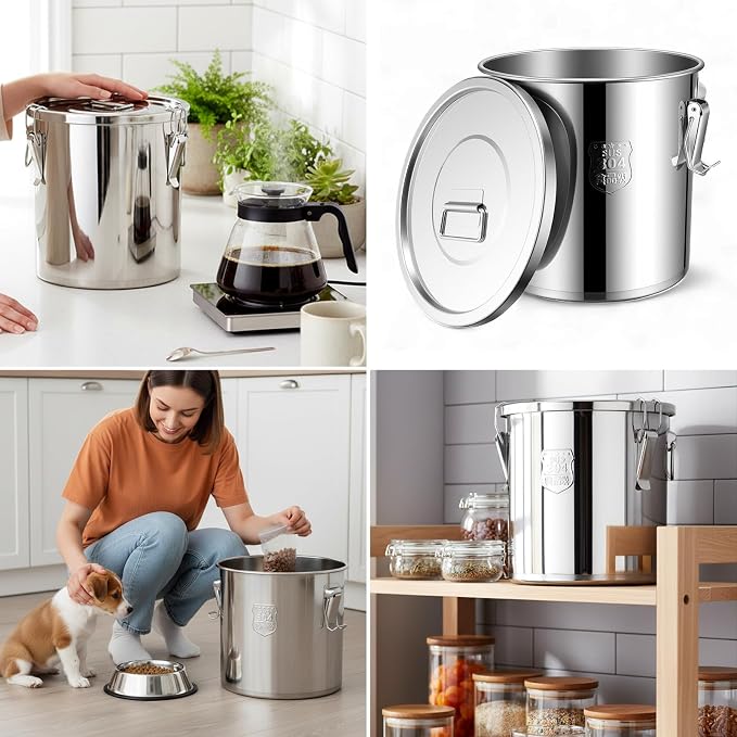 Suclain 3 Pcs 12L 304 Stainless Steel Airtight Canister Large Stainless Steel Food Storage with Secure Locking Lid Metal Leak-proof Container for Pantry Organization Rice, Flour, Oil, Water