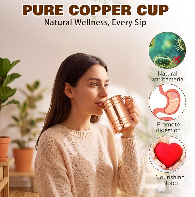 Willinglong 2 Pcs Pure Copper Tumbler with Handle, 18 oz Moscow Mule Mug Copper Cups for Drinking, Coffee Mugs Vessel for Family Health Water, Iced Coffee Tea Cocktails Home Bar Camping