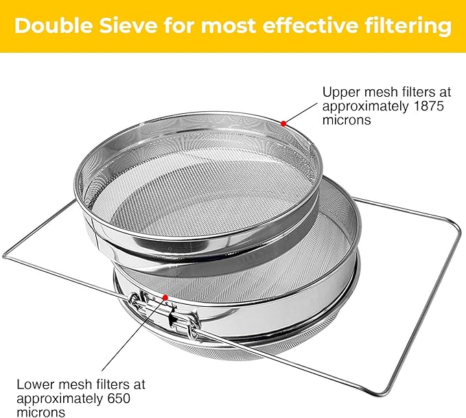 Stainless Steel Honey Strainer, Double Sieve for 5 Gallon Bucket, Beekeeping Equipment with Extendable Arms, Honey Debris Filter