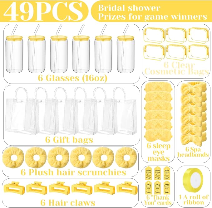 48 Pcs/6 Sets Baby Shower Prizes Winners Include Glass Cans Spa Headband Plush Sleep Eye Mask Hair Claw Clips Clear Cosmetic Bags Baby Shower Player Winner Gifts Bridal Game Gifts(Yellow)