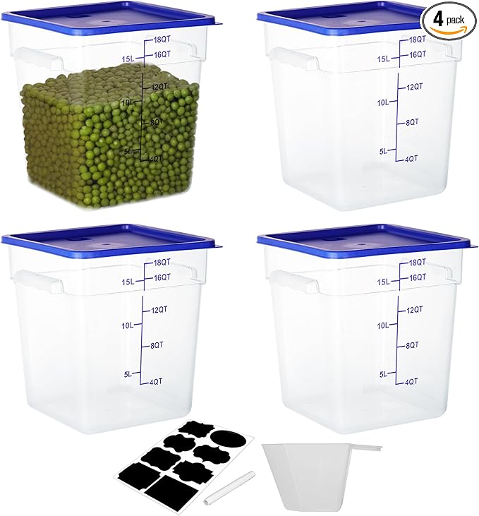 BIEAMA 4 Pack Food Storage Containers, 18 Quart with Lids, Square Commercial Containers with Scale, NSF, Polycarbonate, Clear