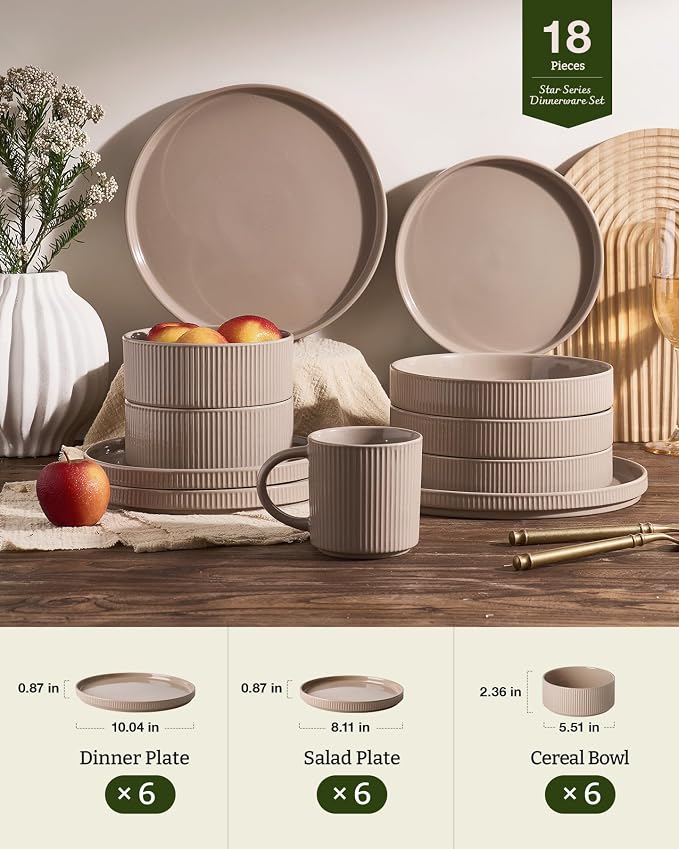 Famiware Star 18-Piece Stoneware Dinnerware Set for 6 – Brown, Ceramic Ribbed Plates and Bowls – Modern Rustic Dishes, Everyday & Formal Use – Chip & Scratch Resistant, Microwave & Dishwasher Safe