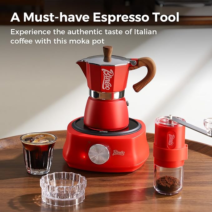 Bincoo Espresso Maker Stovetop, Moka Pot 3 Cups, Espresso Pot Classic Italian Coffee Maker,Single Safety Valve (Red, 3 Cup)