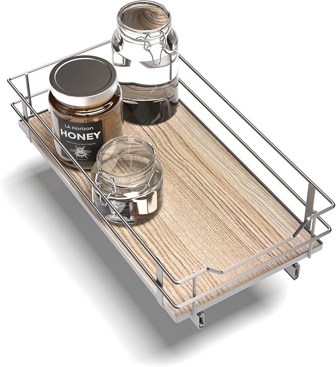 Home Zone Living Pull Out Kitchen Cabinet Organizer with Slide Out Drawer for Space Saving Storage, 11”W x 21”L, Satin Nickel Light Brown Wood Finish