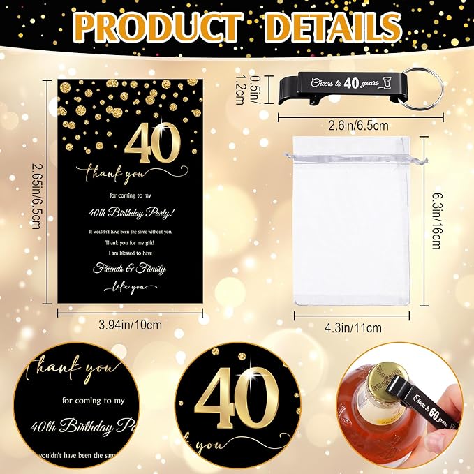 LemonRoad 50 Set 40th Birthday Party Favor for Guest Bulk, 1.4 oz Plastic Shot Glasses Cup, Cheers to 40/50/60/70/80 Years Beer Bottle Opener Keychain Thank You Card Gift Bag for Souvenir Party Gift