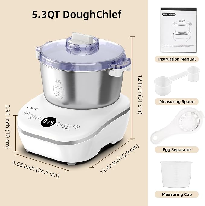 AIZIYO DoughChief, 5.3QT Dough Maker, Dough Mixer with Ferment Function, 304 Stainless Steel Bowl, Removeable lid, Face-up Touch Panel, Electric Stand mixer for Pizza, Bread, Pasta & Mochi