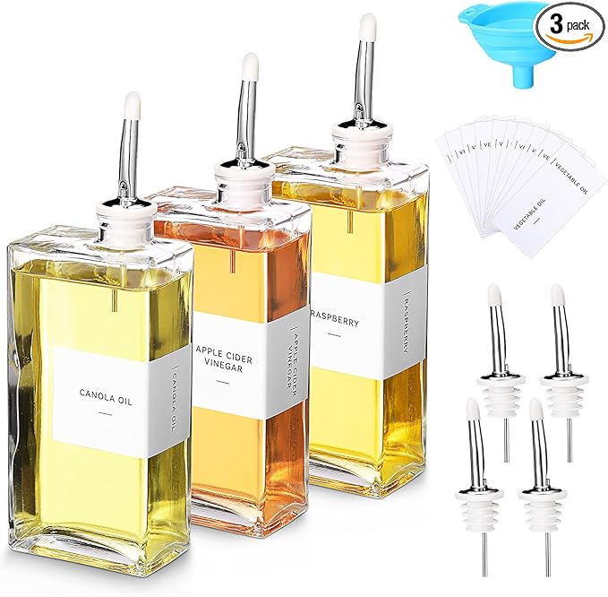 Reallnaive 3 Sets Olive Oil Dispenser Bottles for Kitchen with Nozzles Funnel Labels Cooking Oil Dispenser 500ml Set for Kitchen Vinegar Coffee Syrup (Silver)
