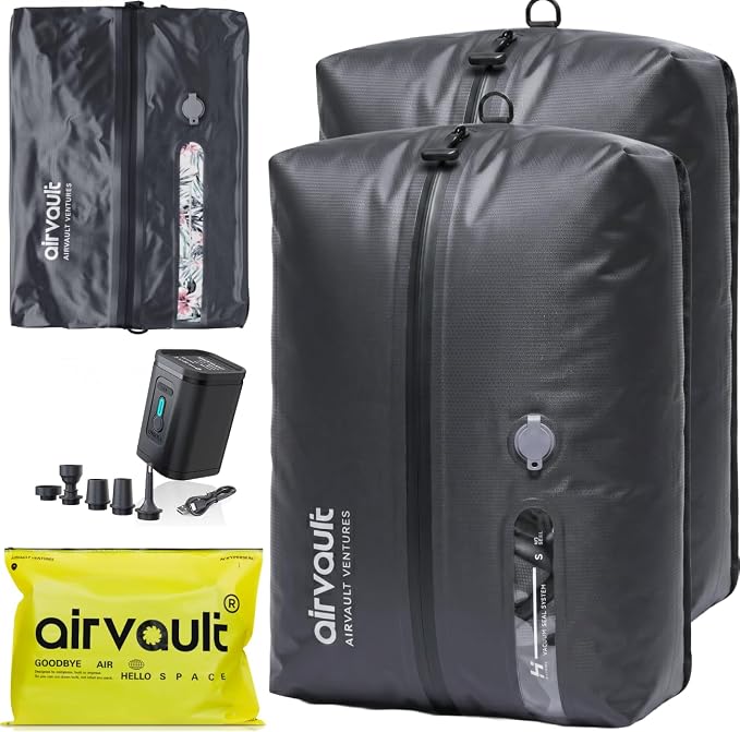 AirVault Reusable Vacuum Compression Travel Bag for Carry-On Suitcase and Backpack, Recycled IPX8 Waterproof Space Saver Vacpack (18L Gray (2-Pack) (Air Pump Included)