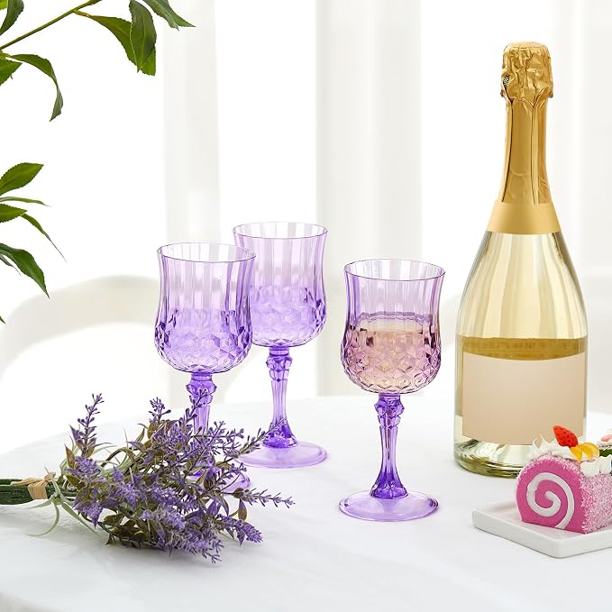 Pinkunn 50 Pcs 7 oz Plastic Vintage Wine Glasses Reusable Colored Goblets Patterned Drinking Water Glasses Cup Dishwasher Safe for Mother's Day Wedding Reception Party Supplies (Purple)