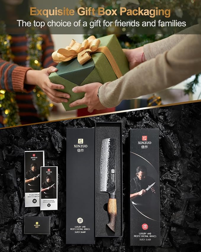 XINZUO 7 Inch Nakiri Knife, Hand Forged Damascus Steel Asian Chopping Chef Knife, Professional Meat Vegetable Kitchen Knife,Comfortable Grip White Oak Handle Usuba Knife