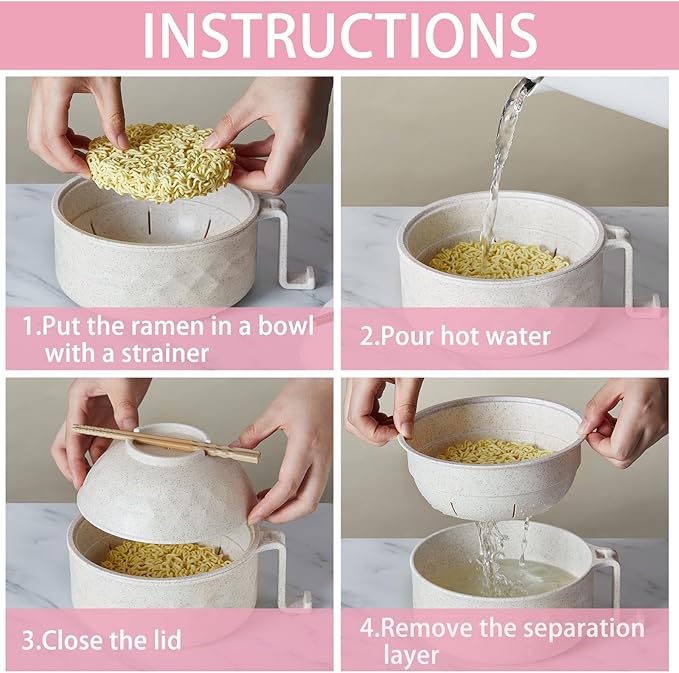2 Sets Microwave Ramen Bowl 40 oz Wheat Fiber Portable Instant Noodle Cooker Bowl with Handles Strainer Spoon Chopstick Fork College Dorm Room Apartment Essentials(Beige, Pink)
