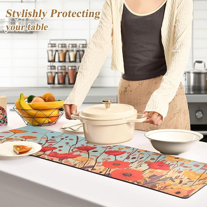 Orange Poppy Flower Turquoise Spring Trivet Table Runner Heat Resistant 230F for Hot Dishes Pots Plates Kitchen Dining Table Protector Decorative 39.37 X 11.8 Inch