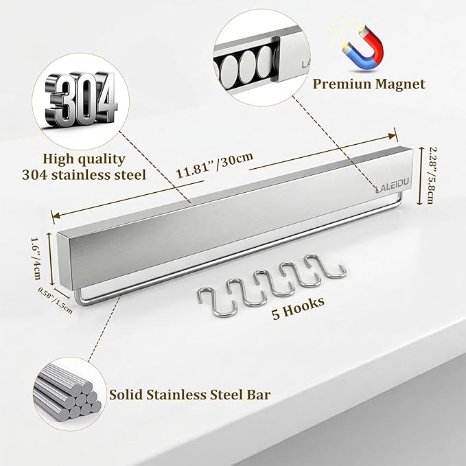 12 Inch Magnetic Knife Holder for Wall - Magnetic Knife Strip with Strong Magnets, Stainless Steel Magnetic Knife Bar with 5 Hooks/Adhesive Tape/Screws, Wall Mounted Knife Storage for Kitchen