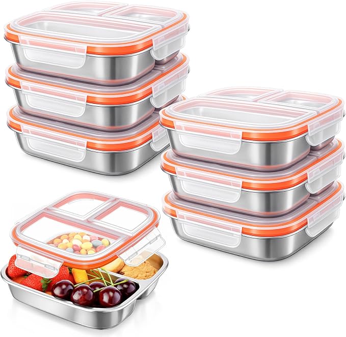 36 Pcs Stainless Steel Snack Container Set with Fork, Knife, Spoon & Chopsticks – 6 Pack 20.3 oz Leakproof Bento Snack Boxes, 2-compartment Food Storage Container for Fruit, Meal Prep & Travel
