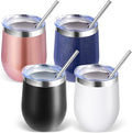 Volhoply 12oz Stainless Steel Wine Tumbler with Lid Bulk 4 Pack,Double Wall Vacuum Stemless Wine Glasses,Reusable Metal Travel Coffe Mug with Straw,Insulated Cup Gifts for Women,Christmas（Mix,4 Set）