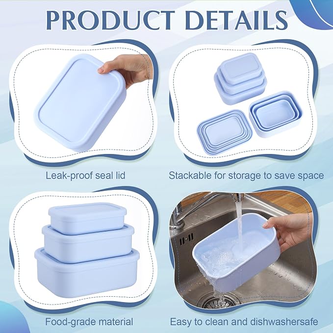 Blushtier 2 Sets of 6 Silicone Food Storage Containers, Reusable Lunch Bento Box with Lid, Hard Shell Storage Containers, Microwave Dishwasher Freezer Safe, 10 oz, 23.6 oz, 44 Ounce(Purple Blue)