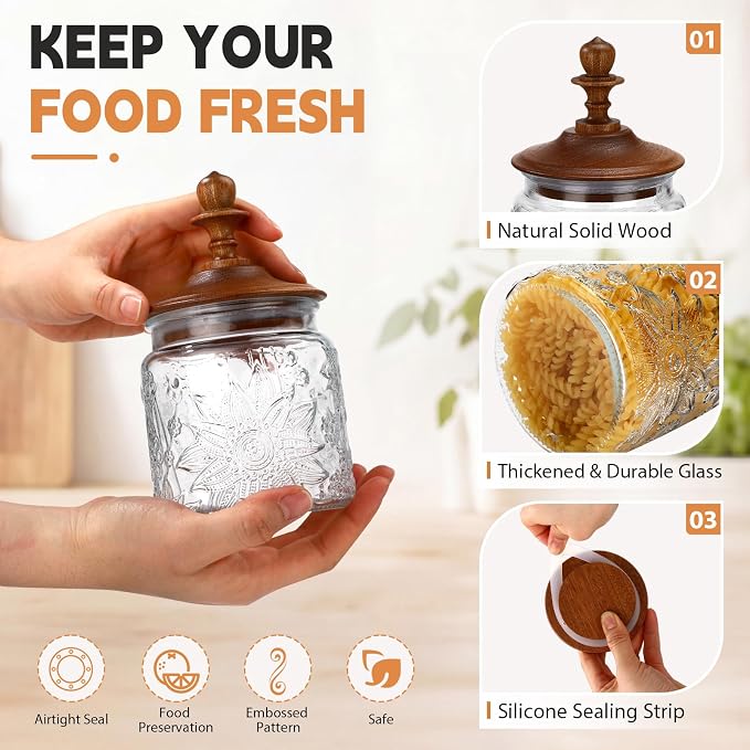 Suclain 6 Pack 17 Oz Vintage Glass Jars with Wooden Crown Lids, Decorative Jars with Graden Pattern, Airtight Glass Food Storage Containers for Tea Coffee Spice Pantry Organization