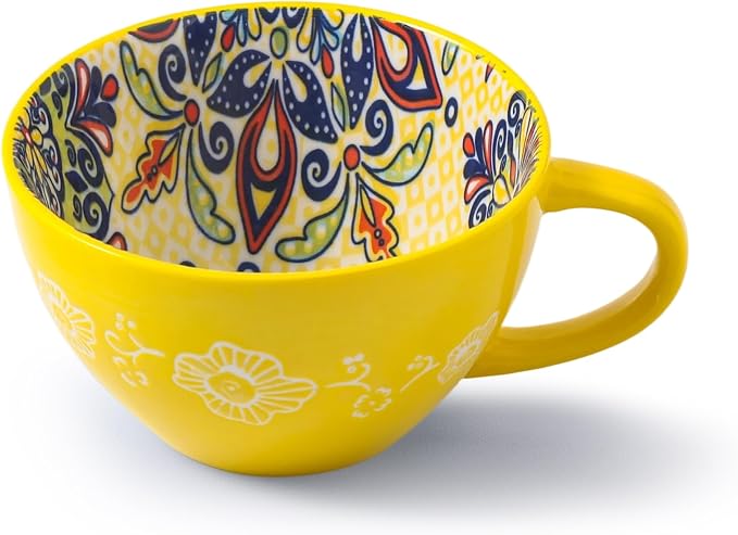 Large Coffee Mug, 15 oz Boho Coffee Mug Ceramic with Handle, Porcelain Tea Cup, Coffee Cup for Cappuccino and Latte, Microwave & Dishwasher Safe, Ideal Gift for Family/Friend (Yellow)