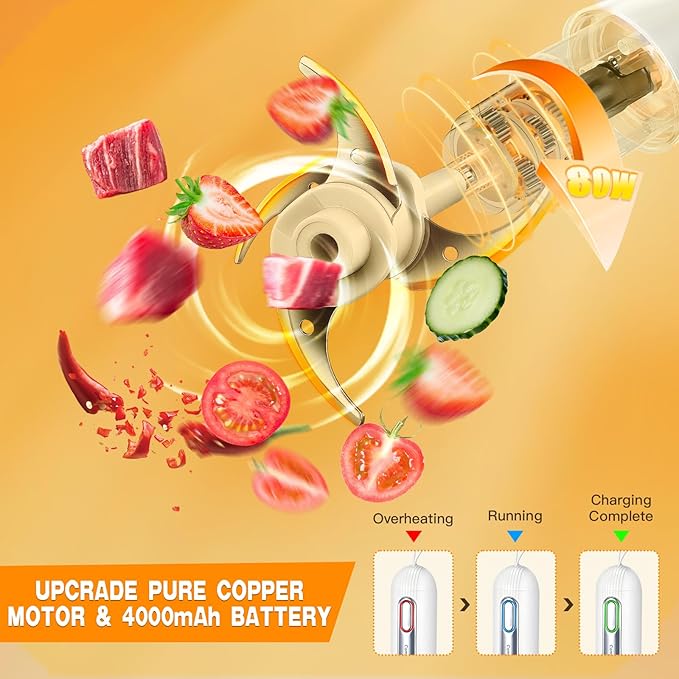 Glass Food Processor Small, USB Charging Wireless Electric Meat Grinder with 4 Blades & 4 Bowls (1x8 Cup+3x0.5 Cup), Mini Chopper Food Processor for Home Use, Onion, Garlic, Ginger, Baby Food