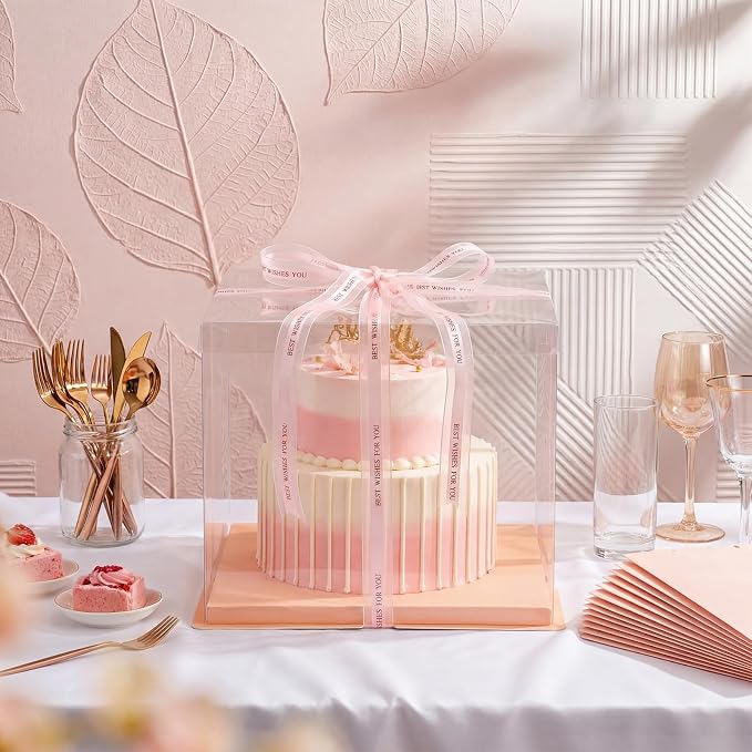 Maxdot 10 Pcs Transparent Tall Cake Boxes 12" x 12" x 10" Large Clear Cake Box with Ribbon Dessert Carrier PET Wedding Dessert Storage Container Clear Gift Box for Birthday Party Display (Pink)