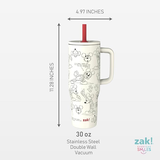 Zak Designs Disney Sutton Travel Tumbler for On the Go, 30oz Stainless Steel with Vacuum Insulation, Silicone Straw, and Carry Handle for Cold Drinks (Mickey Mouse Sketch)