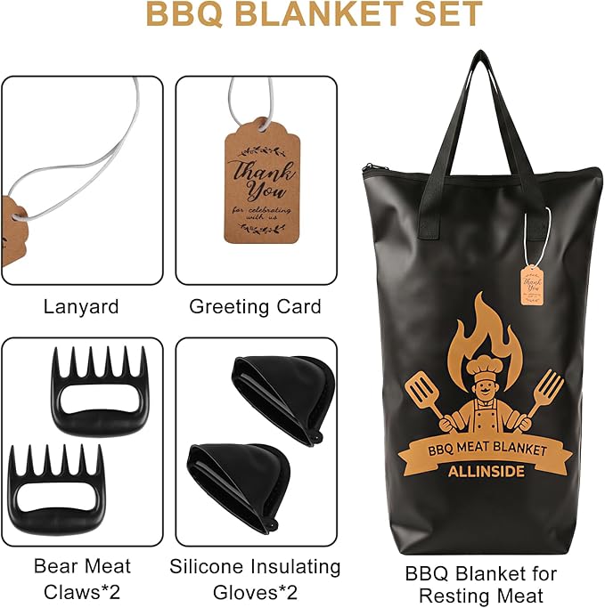 Allinside BBQ Blanket for Resting Meat - Extra Large Insulated Meat Resting Bag with 2 Meat Shredder Claws, 2 Silicone Heat-Resistant Gloves, Greeting Card & Lanyard | Reusable Grilling Accessory