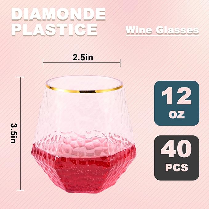 Goodluck 40 PCS Diamond Stemless Plastic Wine Glasses, 12 Oz Disposable Fancy Plastic Cups, Suitable for Weddings, Birthday Parties, Family Gatherings, Bars, etc （Hammered Gold rimmed cups）