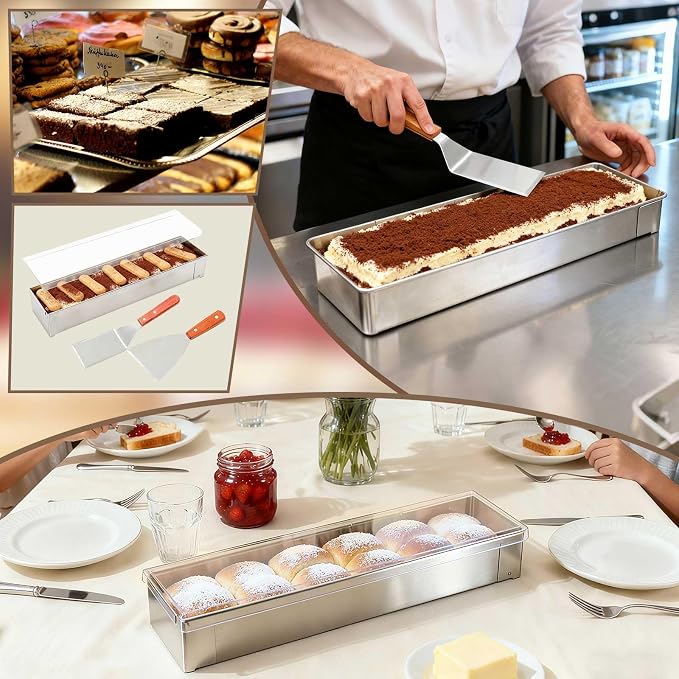 Blushtier 1 Pc Nonstick Rectangle Tiramisu Cake Pan with Acrylic Lid and 2 Metal Spatula Removable Frame 304 Stainless Steel Cake Baking Molds for Tiramisu Cheesecake Mousse (15.75x3.94x2.56 Inch)
