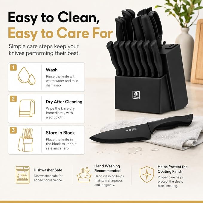 19-Piece Kitchen Knife Block Set with Built-in Sharpener, Upgraded Non-Stick Coating Blades, Ergonomic Handles, Dishwasher Safe, Black
