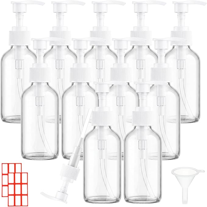 Tanlade Glass Pump Bottle Dispenser 4 oz Travel Bottles with Pump Refillable Glass Containers for Toiletries Lotion Liquid Soap Shampoo Essential Oils Cosmetic Travel Accessories(White)
