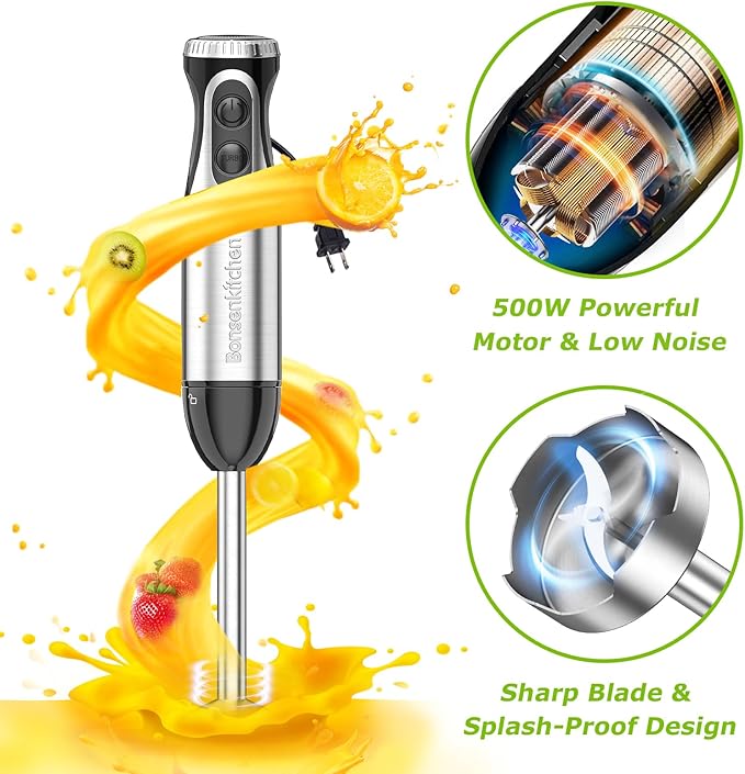 Bonsenkitchen Immersion Blender Handheld with Food Processor, 20 Speeds Hand Blender with Turbo Mode, Stainless Steel Blade, Egg Whisk, Beaker & Chopper Bowl, Hand Mixer for Smoothie, Soup, Baby Food
