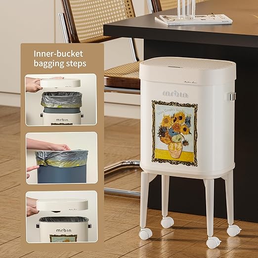 MRBIN Metal Motion Sensor Kitchen Trash Can with Wheel Legs, 15L / 4gal Metal Slim Trash Can, Pet Proof Tall Narrow Garbage Pail for Vanity, Bedroom, Bathroom, Living Room, Sunflower