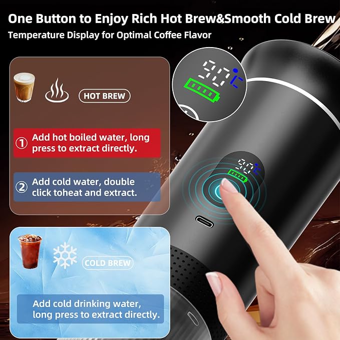 Portable Coffee Maker for Travel & Camping, Portable Espresso Maker with Bag, Rechargeable Cordless Battery Operated Coffee Makers for Ground Coffee, NS Capsule RV, Hiking, Office(Black)