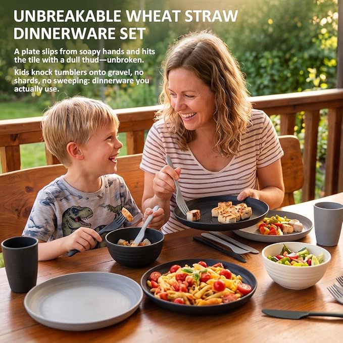 Kids Plates and Bowls Sets for 4, 24 Piece Wheat Straw Dinnerware Sets, Unbreakable & Stackable Dishware Sets, Microwave & Dishwahser Safe Dish Sets for Kitchen, Apartment, Dorm - BlackBeige