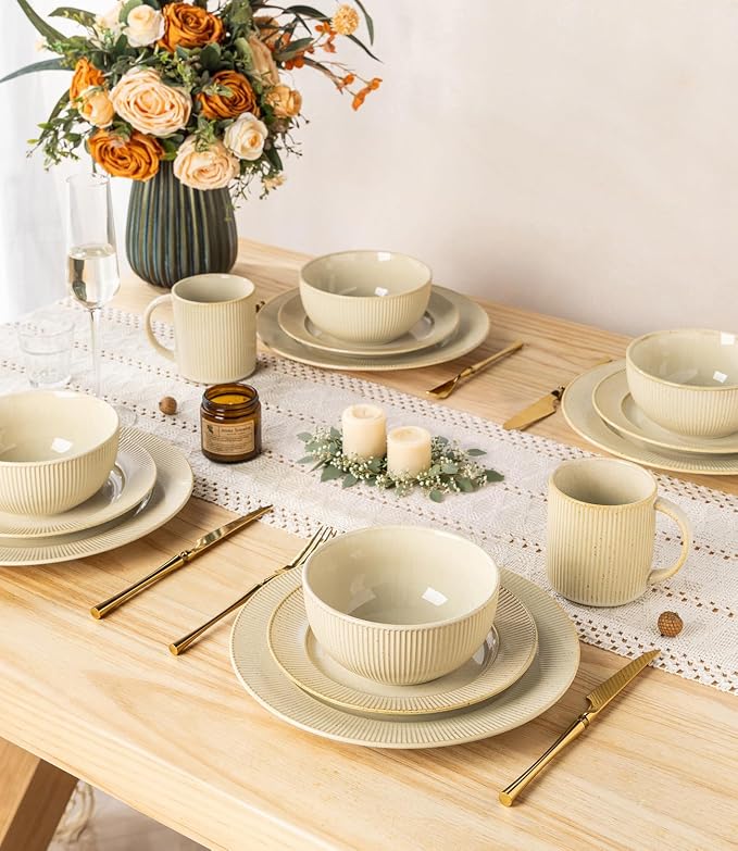 TheTerra Stoneware Dinnerware Sets for 4, 12 Pieces Ceramic Plates and Bowls Sets, Scratch Resistant Embossed Dish Set, Oven, Microwave & Dishwasher Safe, Cream Latte