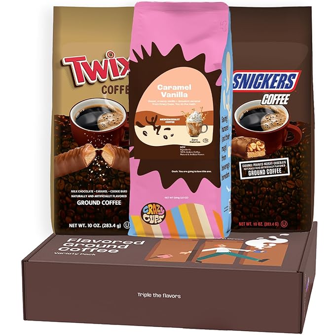 Perfect Samplers Flavored Ground Coffee Gift Box Variety Pack, Milky Way, Twix, Caramel Vanilla, Medium Roast Ground Coffee Sampler, 3 Pack