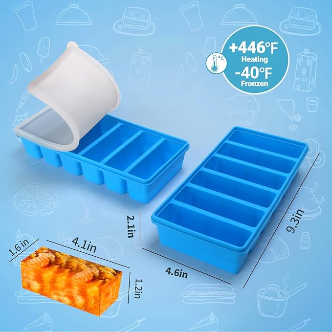 1/2 Cup Silicone Freezer Tray With Lid - Silicone Freezer Molds 2 Pack For meal prep & freezing of various sauces and other dishes, makes 12 perfect 1/2 cup portions cubes (Blue 2 Pack)