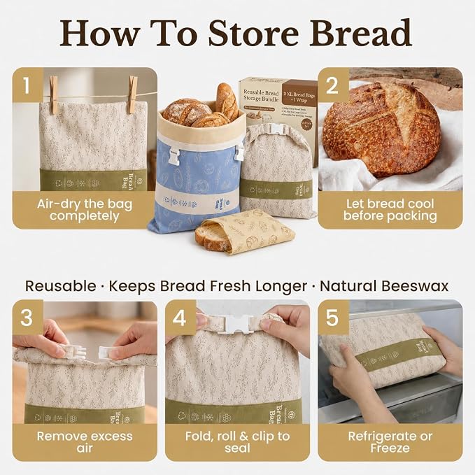 Cotton Beeswax Bread Bags for Sourdough - 3 Pack Reusable 2XL Set with Beeswax Wrap & Buckle Closure, Freezer Safe, Eco-Friendly Organic Storage for Homemade Artisan Loaves