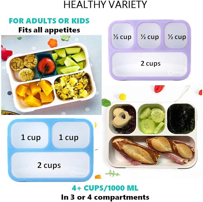 Bento Lunch Box for Kids or Adults, Snack Containers for Boys, Girls, School Daycare Work, 3 Divided Compartments Meal Planning Portion Control, BPA-Free Boxes, Utensils | Blue Purple 2 Pack
